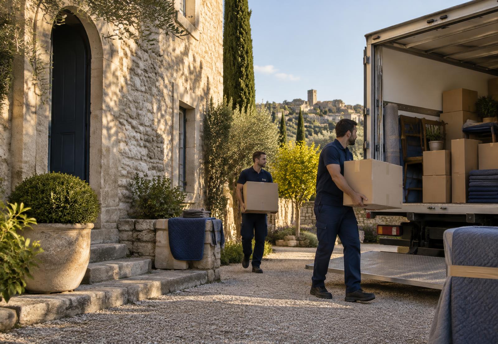 Déménageurs Sudprodem transportant des cartons vers un camion près d’Uzès